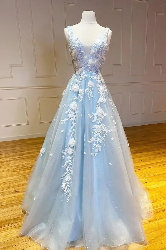 Floral DressBlue V neck applique tulle lace long elegant ball gown evening dress gh2306