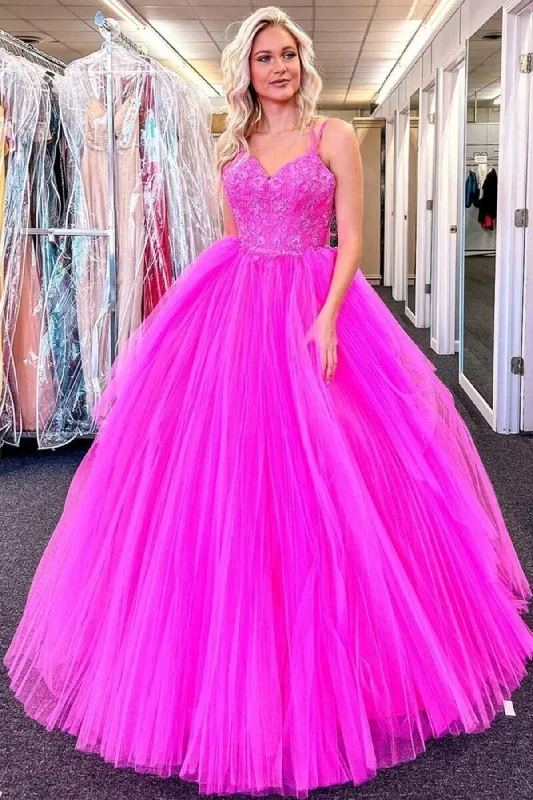 women's party dressesV Neck Fuchsia Lace Appliques Tulle Long Prom Dresses, Fuchsia Lace Formal Evening Dresses, Fuchsia Ball Gown gh2562