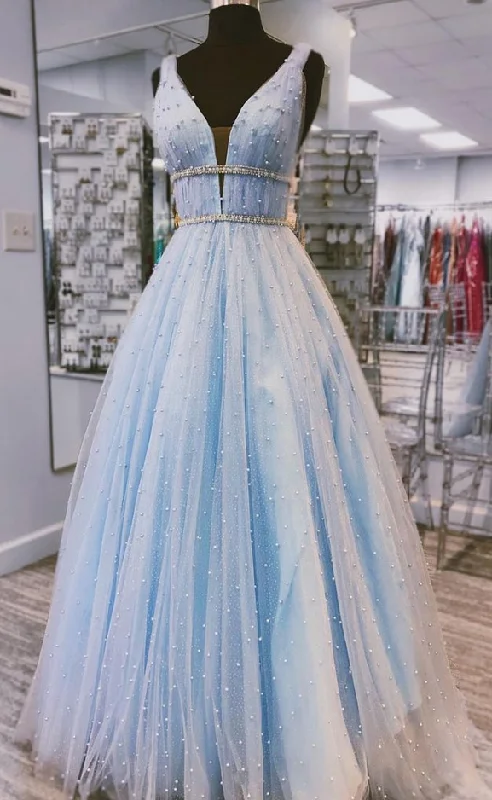 Body-Hugging DressLight Blue Tulle V Neck Pearl Beaded Long Prom Dress, Evening Dress gh2162