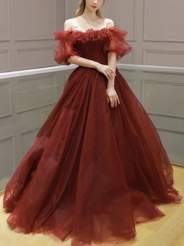 Trumpet DressBurgundy Off Shoulder A Line Formal Evening Dress Tulle Long Prom Dress gh2516