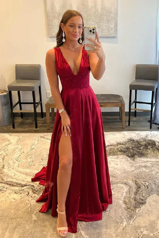 Cocktail DressBurgundy V Neck Lace Long Prom Evening Dress With High Slit gh2526