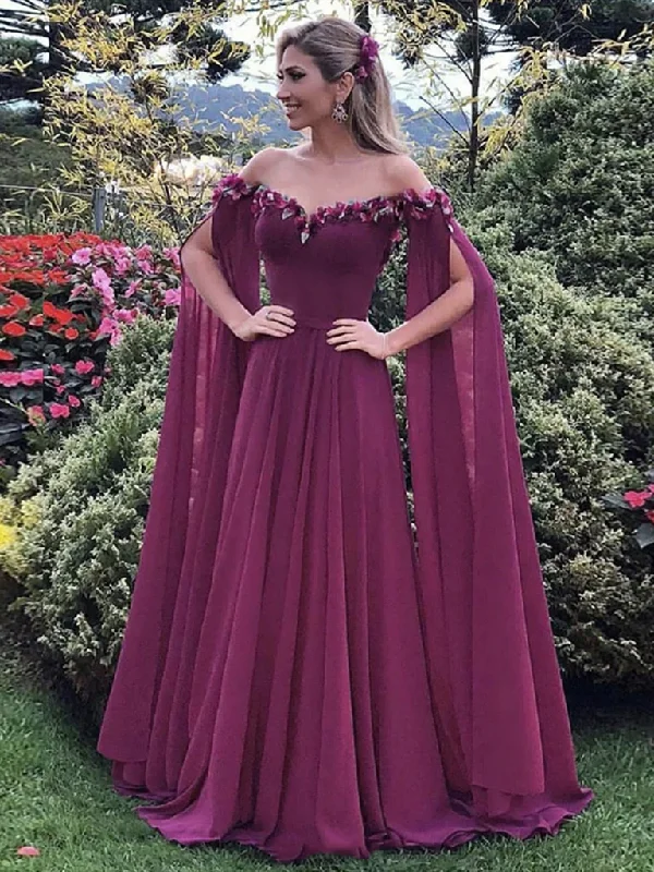 Short-Sleeve DressOff the Shoulder Purple Floral Long Prom Dresses, Purple Long Formal Evening Dresses  gh2330