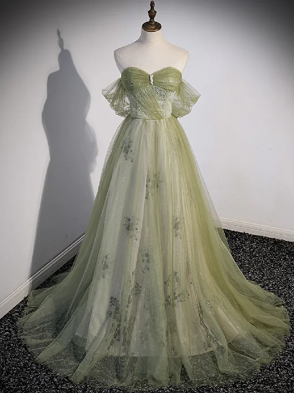 women's maternity dressesAline Green Long Prom Dress, Green Tulle Formal Evening Dress gh2572