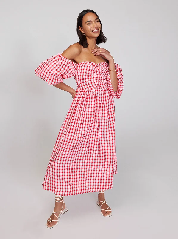 women's versatile dressesAlexis Red Gingham Bardot Midi Dress