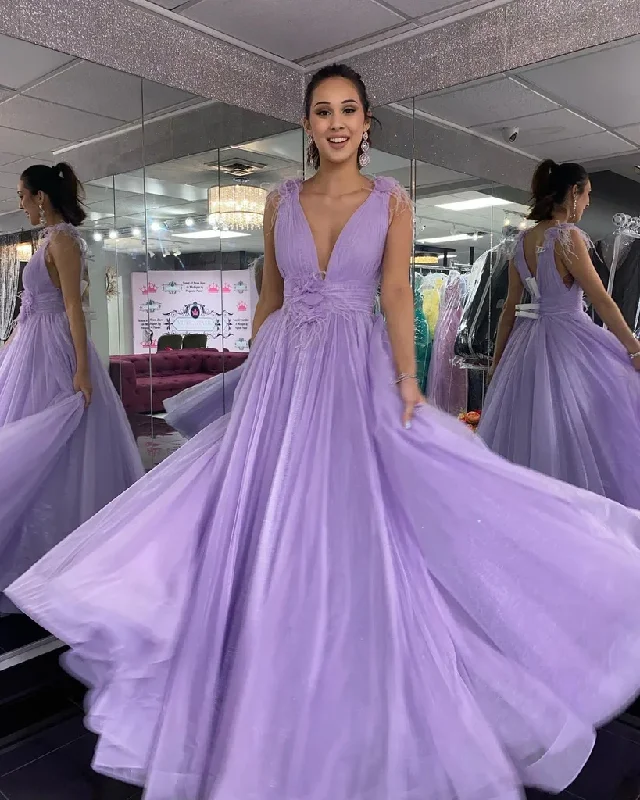 women's breathable dressesDeep V Neck Purple Tulle Long Prom Dress, Long Lavender Formal Evening Dress gh2220