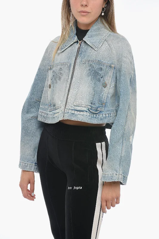 women's coats for cocktail partiesPalm Angels Cropped Fit Denim Jacket with Front Zip