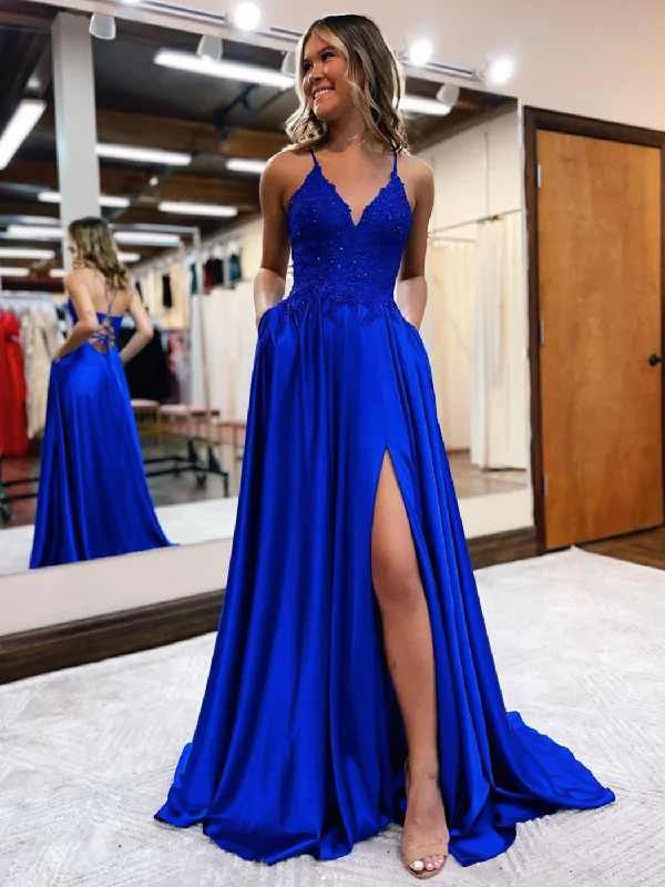 High-Neck DressBlue v neck satin lace long prom dress, blue evening dress gh2442