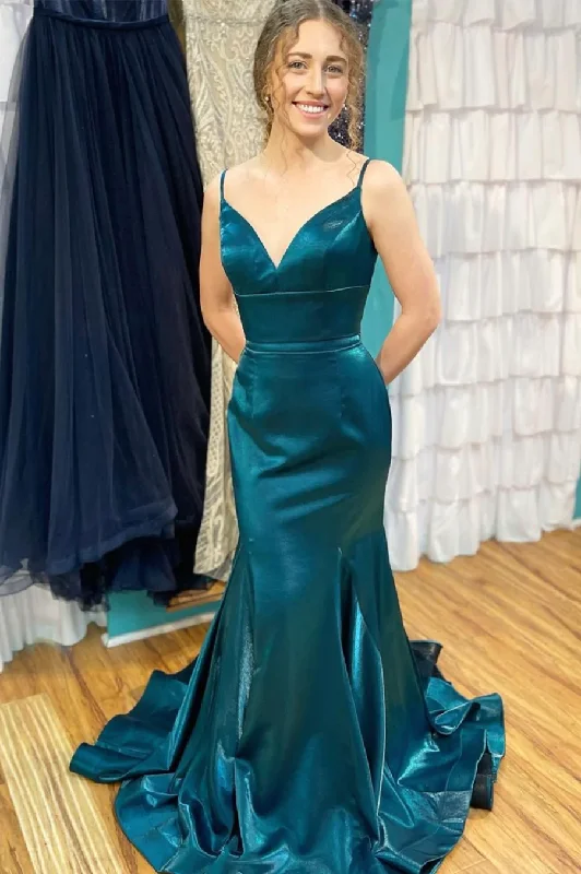 women's designer dressesBlue satin long prom dress mermaid evening dress gh2369