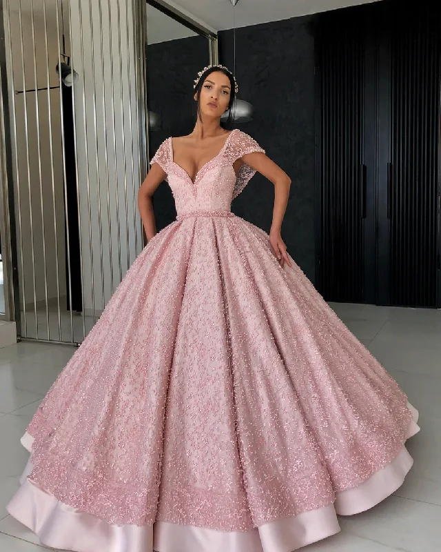 women's machine-washable dressesGorgeous pink ball gown V neck floor length organza beaded crochet flowers evening dress gh2221