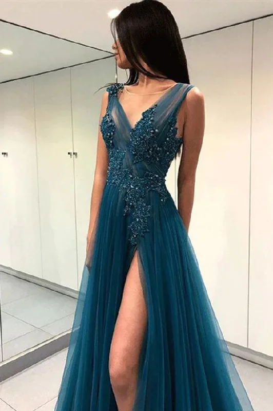 Scoop-Neck DressA Line V Neck Tulle Open Back Lace Beads Sleeveless Evening Prom Dresses gh2016