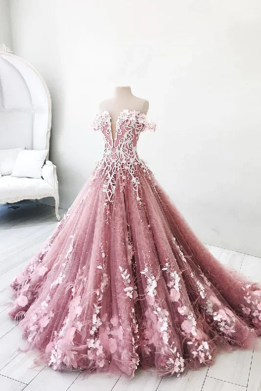 Tulle DressUnique pink tulle lace long prom dress, pink tulle lace evening dress gh2315