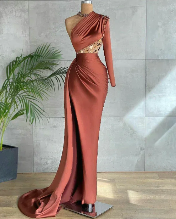 Flowy DressBrown Mermaid Beaded One Shoulder Evening Dresses High Side Split Prom Dress  gh2011