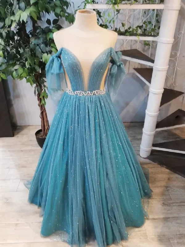 Cocktail DressBLUE ROUND NECK TULLE SEQUIN LONG PROM DRESS, BLUE EVENING DRESS gh2206