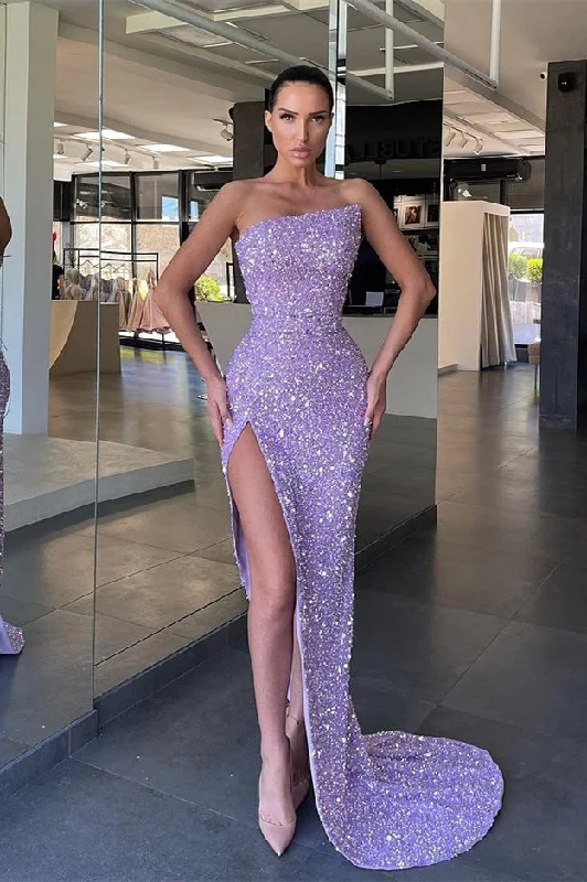 Cold-Shoulder DressFabulous Lilac Strapless Sequins Evening Dress Mermaid Long With Split gh2038