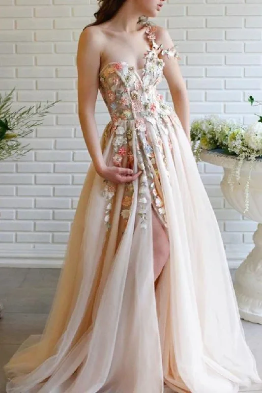 women's custom dressesElegant One Shoulder Champagne Prom Dresses with Flower, One Shoulder Champagne Floral Formal Evening Dresses gh2066