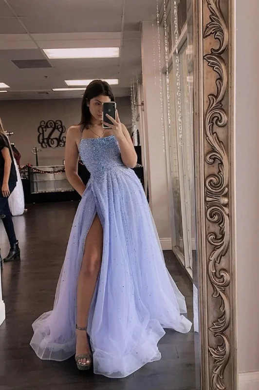 Cut-Out DressBLUE TULLE BEADS LONG A LINE PROM DRESS EVENING gh2165