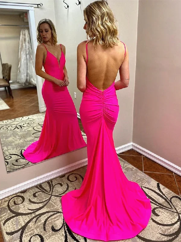 women's halter dressesV Neck Hot Pink Mermaid Long Prom Dresses, Hot Pink Mermaid Formal Evening Dresses gh2257