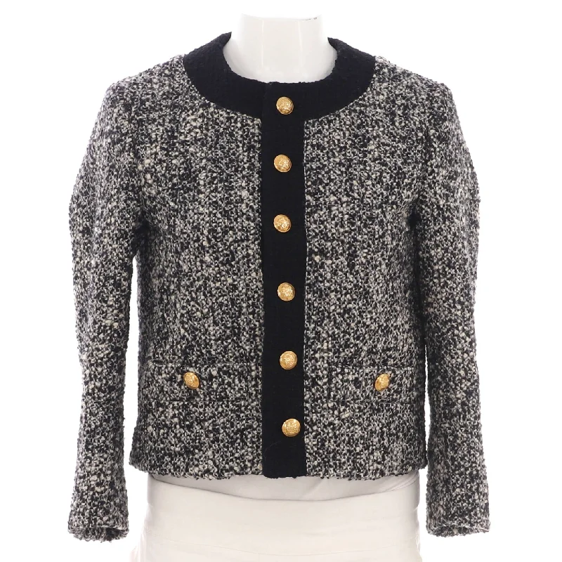 women's coats with asymmetrical hemsWomen's Button Up Collarless Evening Jacket Tweed