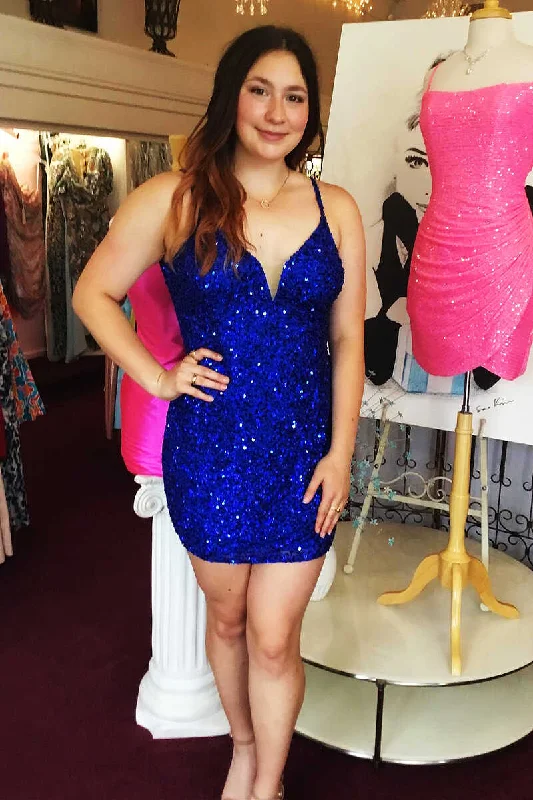 women's smart casual dressesRoyal Blue Sequin V-Neck Cutout Back Bodycon Short Dress  gh1256