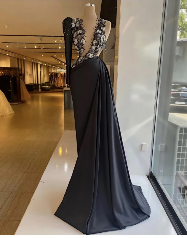 Button-Down Dressblack prom dresses, long sleeve prom dresses, hand made flowers prom dresses, black evening dresses, long sleeve evening gowns  gh2188