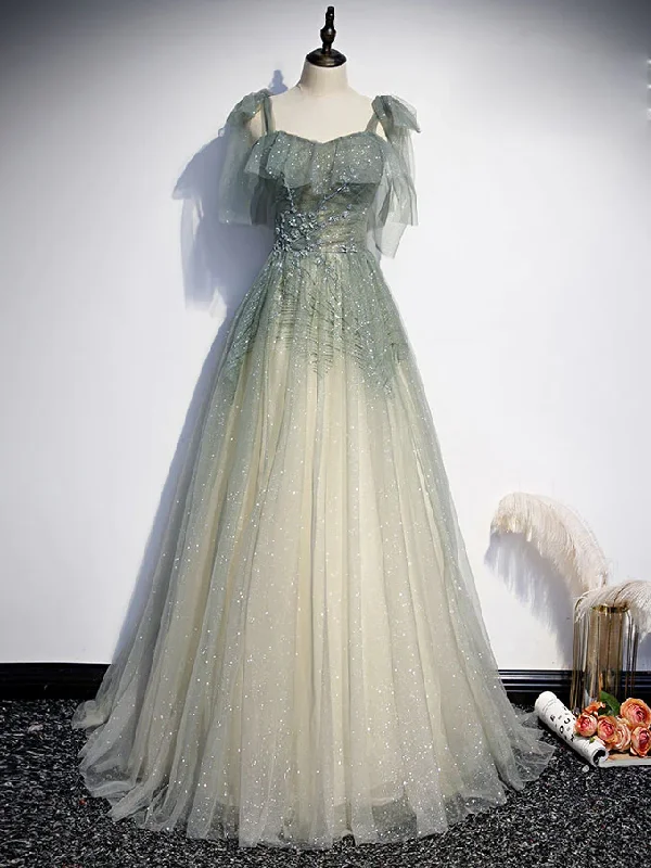 Retro DressGray Green Tulle Sequin Beads Long Prom Dress, Green Evening Dress  gh2132