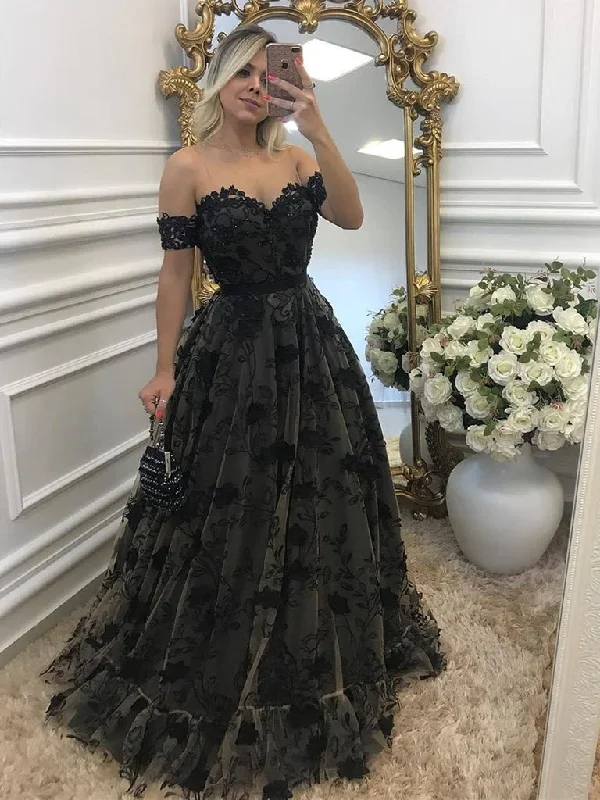 women's midi dressesOff Shouler Black Lace Long Prom Dresses with Appliques, Off Shoulder Black Formal Dresses, Evening Dresses  gh2411