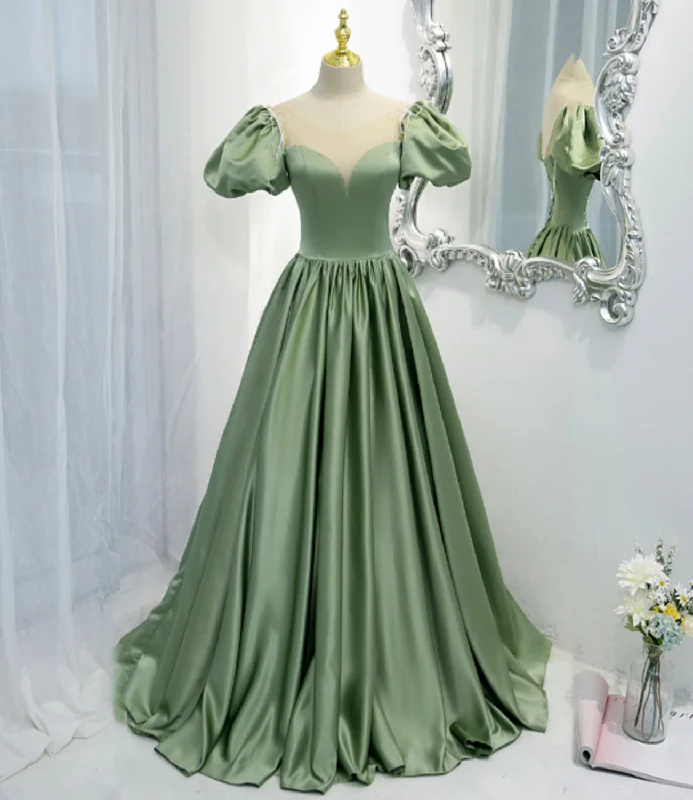 women's neon dressesGreen satin long A line prom dress green evening dress  8810