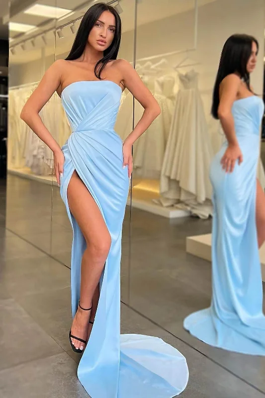 Trumpet DressLight Blue Long Mermaid Evening Dress Strapless Split  gh2043