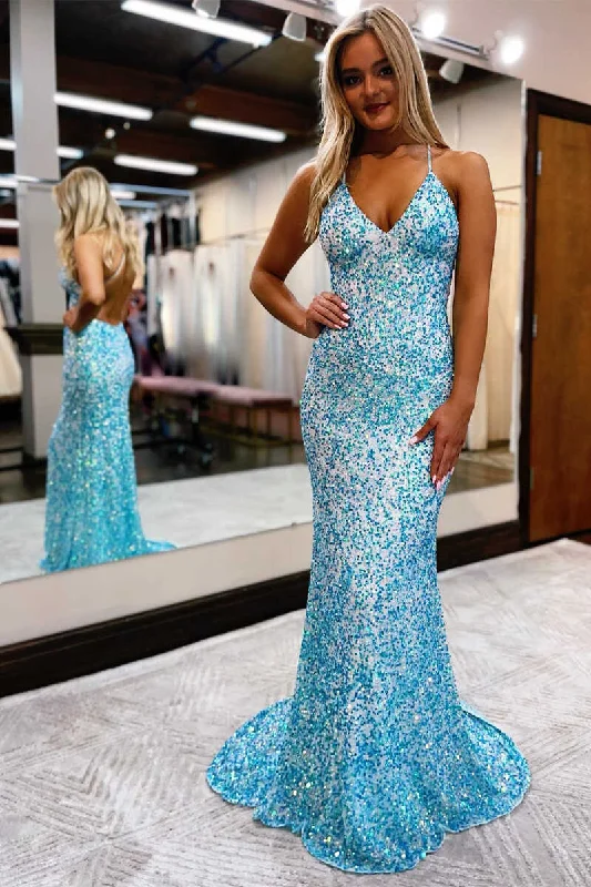 women's pastel dressesBlue Sequin Backless Long Prom Dress sparkly evening dress gh2401