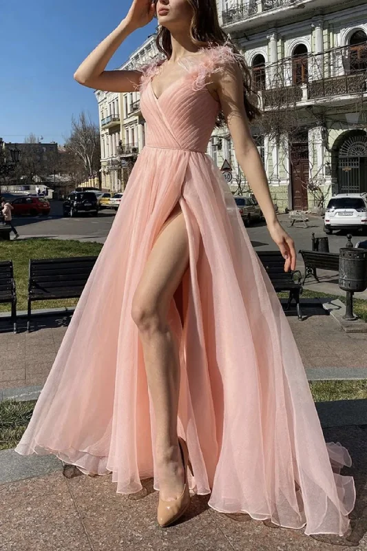 women's high-end dressesElegant V Neck Pink Tulle Long Prom Dresses with High Slit, Pink Tulle Formal Graduation Evening Dresses gh2551