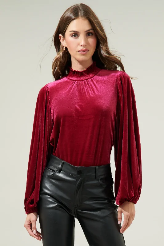 off-the-shoulder women's topsDilma Velvet Figaro Balloon Sleeve Blouse