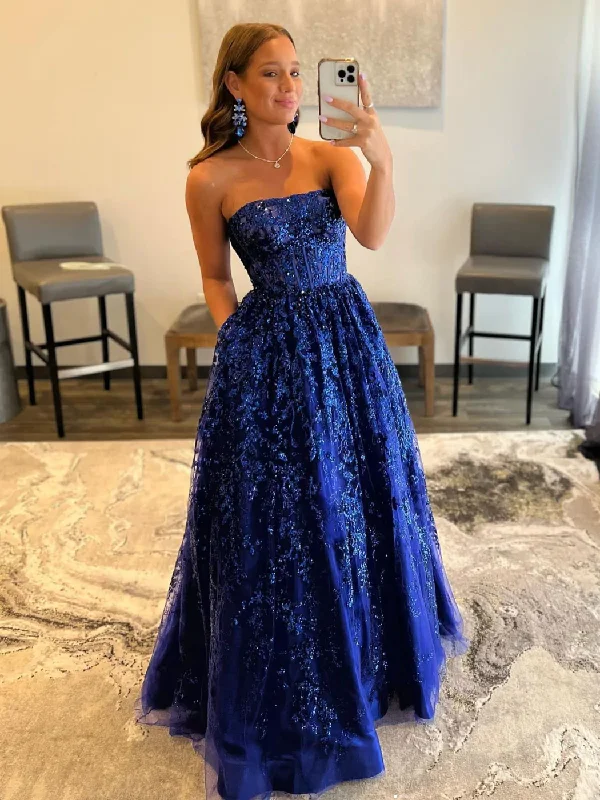 women's custom dressesBlue A line tulle sequin long prom dress, blue tulle evening dress  gh2213