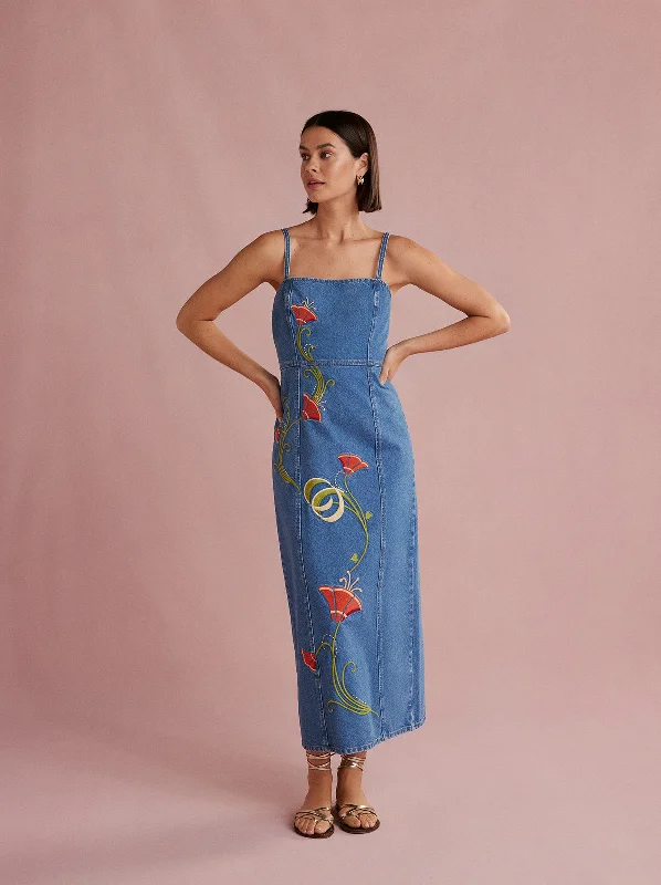 Bell-Sleeve DressUrsula Embroidered Denim Midi Dress