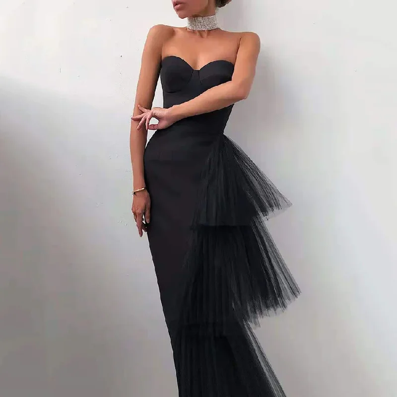 women's wedding guest dressesSexy Satin Black/White Evening Dress 2024 Mermaid Strapless Tiered Off Shoulder Sleeveless Girl Formal Prom Dress gh2122