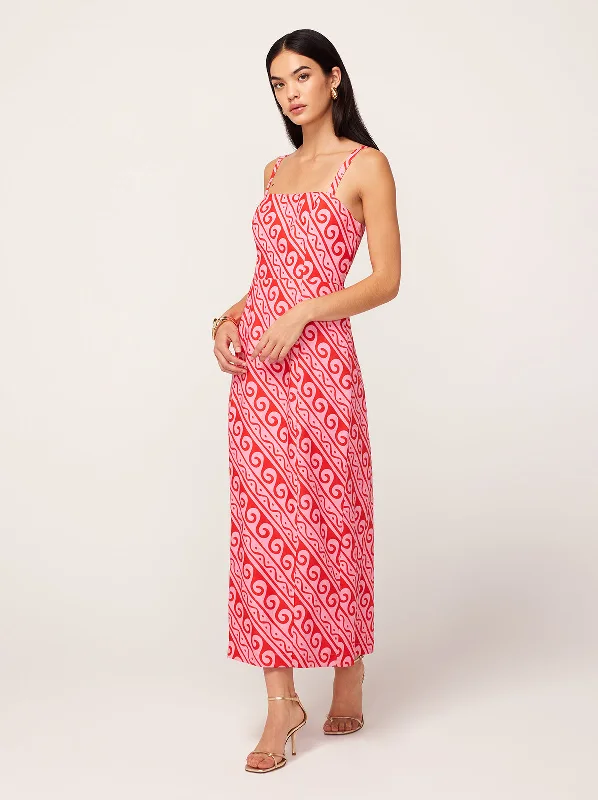 Plunging Neckline DressUrsula Pink Wave Print Midi Dress