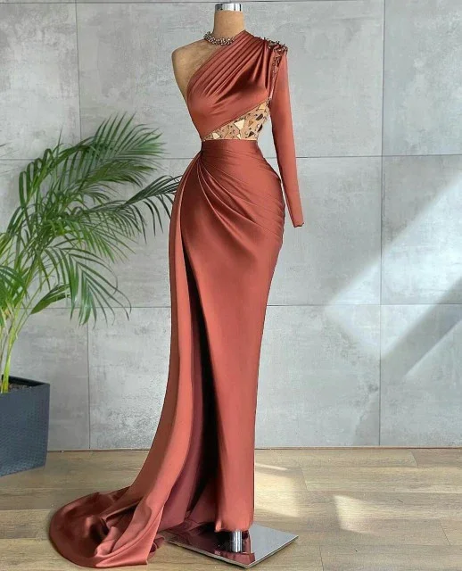 Peplum DressBrown fashion elegant one shoulder long evening dress prom dress gh2201