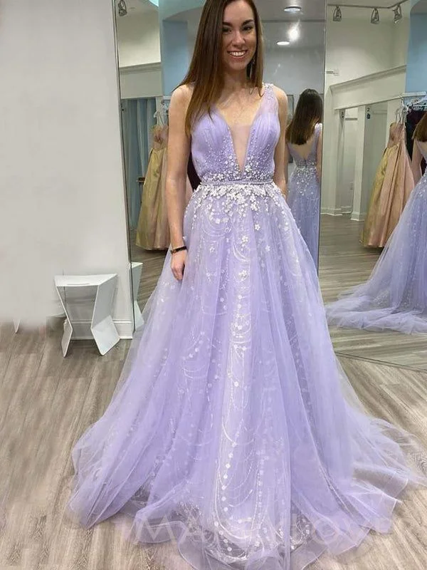 Flutter-Sleeve DressLilac Tulle Deep V-neck Beaded Long Evening Prom Dresses, Cheap Custom Prom Dress gh2500