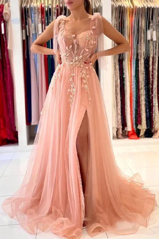 High-Neck DressPink charming heart-shaped sling tulle slit long evening dress gh2169