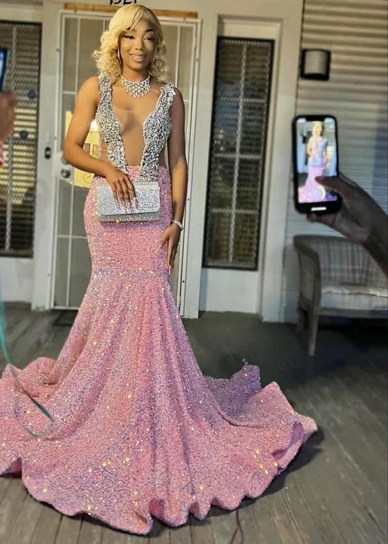 women's cold-shoulder dressesSequin Evening Dress Custom Made Black Girl Mermaid Prom Gowns  gh2116