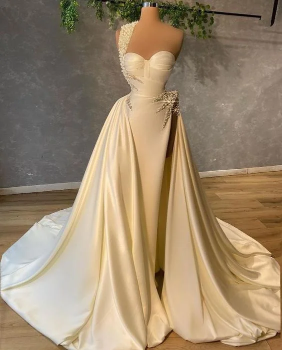 women's smart casual dressesOne Shoulder Pearls Satin Bridal Gown evening dress gh2567