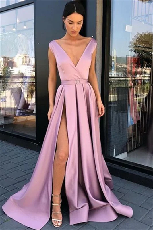 Crepe DressPink Straps Side-Slit A-Line Prom Dresses | Sexy Deep-V-Neck Sleeveless Evening Gown gh2032