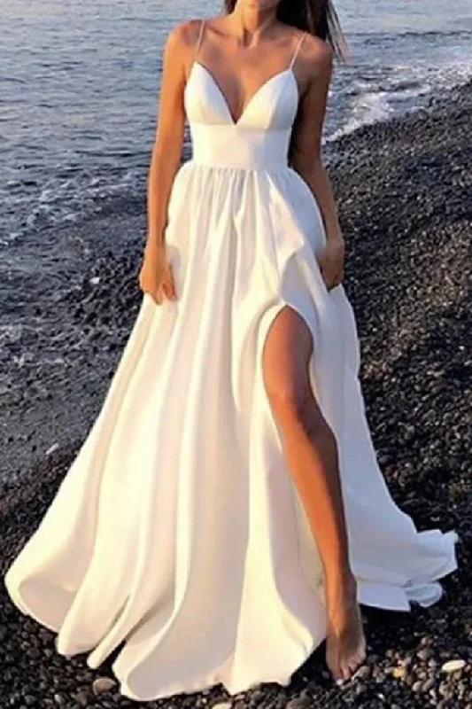 women's casual dressesV Neck Open Back White Long Prom Dress with High Slit, V Neck White Formal Graduation Evening Dress gh2125