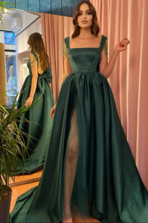 Chic DressSquare neck Long Evening Dress Side Slit Backless Formal Dress with Bow Tie gh2419