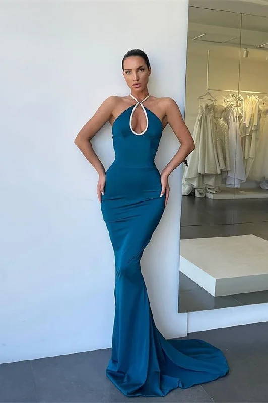 A-Line DressGorgeous Halter Sleeveless Mermaid Evening Dress Long Keyhole Online gh2046