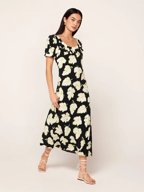 women's A-line dressesHilda Black Vine Leaf Midi Dress