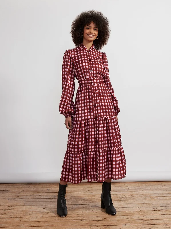 Long-Sleeve DressLori Pink Check Midi Dress