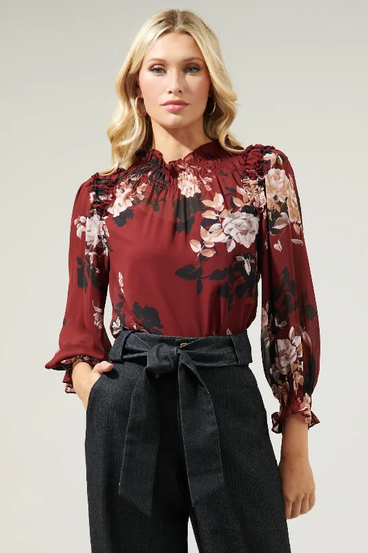 women's tops for fashion-conscious professionalsBordeaux Floral Robin Ruffle Blouse