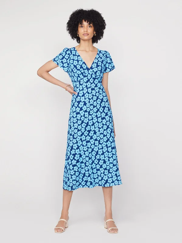 women's spaghetti strap dressesEffie Blue Blurred Floral Midi Dress