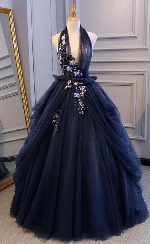 women's glam dressesBall Gown Blue Tulle Lace Long Prom Dresses Deep V Neck Backless Evening Dresses  gh2224