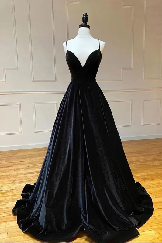 women's body-skimming dressesA Line V Neck Backless Black Velvet Long Prom Dresses, V Neck Black Formal Dresses, Black Velvet Evening Dresses  gh2235